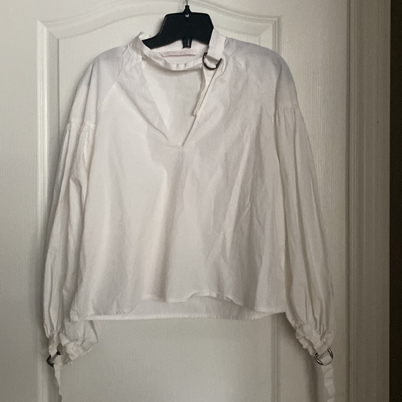 Zara White Blouse Puff Sleeve Top with Choker Neck - Picture 5 of 8